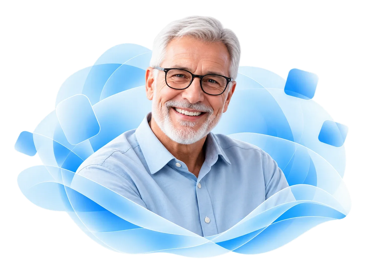 Portrait de senior souriant avec vagues bleues